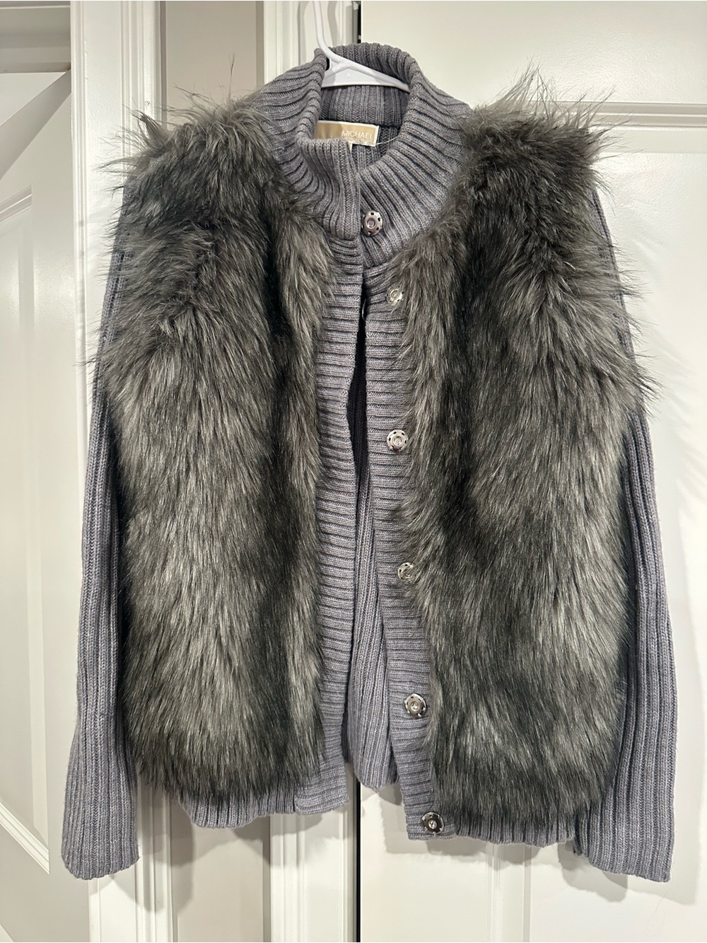 Michael Kors Gray Ribbed Knit Cardigan with Faux Fur Trim
